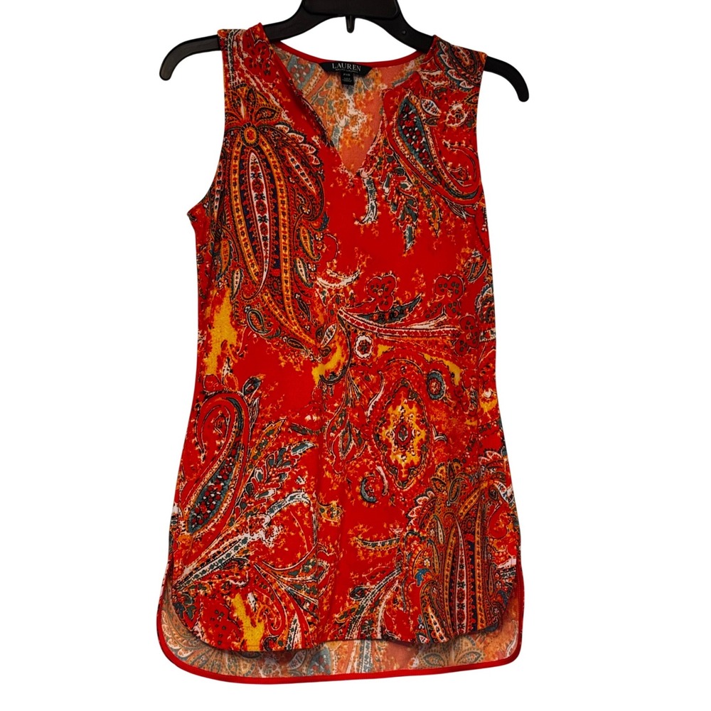 Lauren Ralph Lauren Red Paisley Sleeveless Top Petite XS Split Neck Blouse
